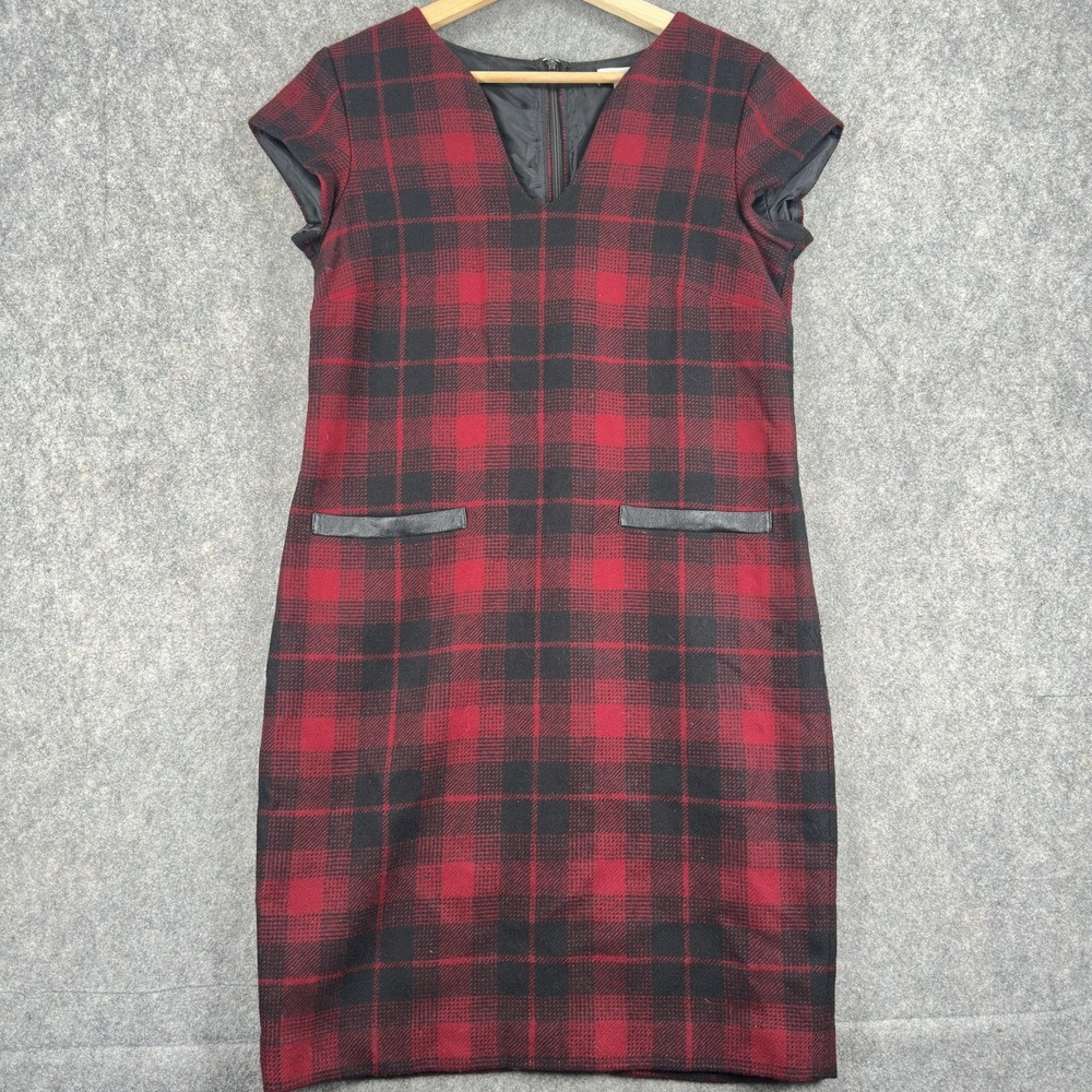 L.L.Bean Signature Sheath Dress Womens 6 Red Plaid Wool Cap Sleeve Lined Pockets
